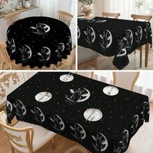 1pc Halloween Tablecloth - Black & White Ghost Hand, Cat, Moon, Skull Pattern - Wrinkle-Resistant Polyester Rectangular/Round Tablecloth, Suitable For Indoor/Outdoor Theme Parties, Holiday Dinners, Home Decor, Machine Washable, Easy Care, Perfect For Holiday Atmosphere Lovers