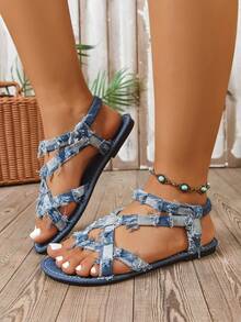 Women's Wide Fit Criss-Cross Strap Flat Sandals, Fashion Minimalist Casual Buckle Sandals, Elegant Lightweight Luxury Fairy Style Outdoor Beach Sandals - Blue - View 3