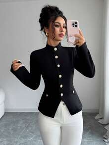 Women's Solid Color Woven Front Button Faux Pocket Casual Commuting Office Elegant Blouse, Suitable For Spring, Autumn And Winter