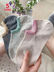 5双装女士可爱蝴蝶结简约船袜，隐形袜，圣诞礼物，四季皆宜，秋冬季 - 彩色 - 查看 4