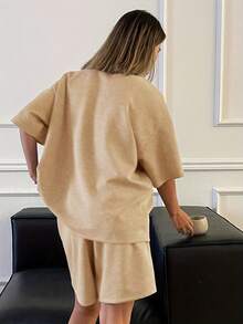 2pcs/Set Women's Solid Color Round Neck Short Sleeve Shorts Casual Loungewear Summer Elegant - Khaki - View 4