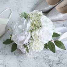 Dusty Blue Wedding Bouquets For Bride Bridesmaid, White Wedding Artificial Roses Flowers For Wedding Bouquets Ceremony, Anniversary - White & Ivory - View 1