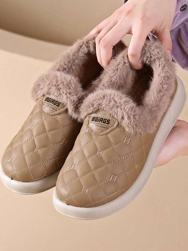 Fashionable Winter Shoes, Warm Rhombus Pattern Mixed Faux Fur, Suitable For Home Wear In Autumn/Winter