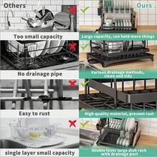 2 Tier Dish Drying Rack Anti Rust, Multifunctional, Space Saving, Easy Clean Design With Drainboard And Drip Line Perfect For Kitchen And Apartment Countertop Organization, Storage, And Accessories - Black - View 8
