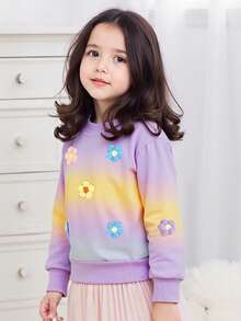 Sudadera de manga larga con cuello redondo, decoración floral 3D y degradado de arcoíris para niñas - Púrpura malva - Ver 2