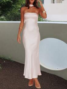 Summer Dresses For Women Vintage Maxi Dress Elegant Bodycon Dress Stylish Solid Color Satin Long Dress Fashionable Open Back Strapless Sleeveless Party Dress Cocktail Party Dress Daily Clothes Streetwear Aesthetic Clothes - 粉色 - 查看 3