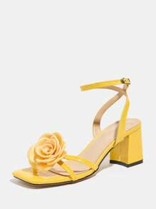 女士高跟凉鞋，适合派对、户外、旅行、时尚度假，粗跟，方头，闪亮，3D 黄玫瑰，性感踝带，石材纹理，鲜艳的黄色，优雅的高跟鞋 - 黃色 - 查看 5