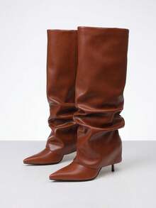 Stylish Women's Slouchy Knee High Boots Point Toe Stilettos Thin High Heels Ruched Design Wide Calf Shark Fold Over Boots Women Pull On Dress Party Shoes - màu nâu - Xem 2