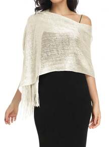 1pc Shiny Silver Thread Flat Shawl With Clasp, Suitable For Brides, Formal Dances, Paired With Evening Gowns, Graduation Ceremonies - White - View 4