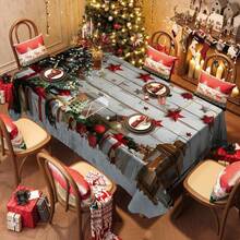 1pc Rectangular Tablecloth, Perfect For Christmas Atmosphere! Vintage Wood Grain & Snowy Landscape Pattern With Holiday Elements, Suitable For Holiday Gatherings, Daily Home, Living Room, Dining Room, Outdoor Picnics, And Theme Events