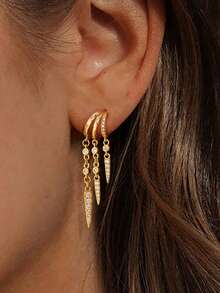 14K镀金吊坠耳环，学院风圣诞礼物，精致三吊坠耳环，低过敏性耳环，时尚配饰 - 金色 - 查看 3