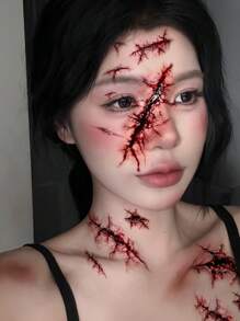 4 件红色万圣节疤痕临时纹身，疯狂妆容，万圣节服装，易于粘贴和去除，万圣节假纹身，适合男女各种身体部位，防水、防汗、不反光，非常逼真的万圣节必备品