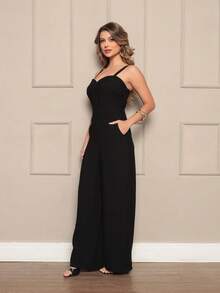 Women's Wide Leg Jumpsuit With Adjustable Straps, Fitted, And Elastic Waist. Casual Chic Style. - 黑色 - 查看 5