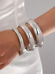 CHICVUE 3 piezas de brazaletes de metal lisos, pulseras apilables de estilo exagerado como regalos de Navidad - 3 piezas de oro blanco - Ver 7