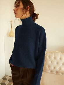 Knit Mix Áo len nữ cổ cao dáng rộng, thích hợp cho mùa thu/đông, áo chui đầu tay dài dày dặn, thiết kế họa tiết đồng xu cổ điển, thời trang đa năng cho Giáng sinh, Năm mới, Ngày lễ tình nhân, mùa tựu trường. - Hải quân - Xem 7