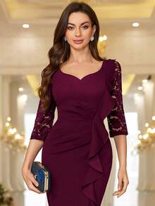 MIUSOL Đầm ôm body dự tiệc cocktail cổ tim ren hoa tương phản cổ điển, tay áo 3/4, viền bèo nhún, đầm bút chì, đầm công sở, đầm mặc đi làm - Màu Đỏ Sâu - Xem 7