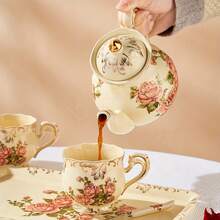 Juego de té de porcelana con rosas vintage, tazas de té con tetera, bandeja de servir y cucharitas, servicio para 4 personas, adecuado para regalos de fiestas de té - Multicolor - Ver 8