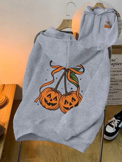 Conjuntos de Halloween Plus Size para Mulheres, Moletom com Capuz Estampado Dupla Face com Laço e Estampa de Abóbora, Moletom com Capuz e Cordão, Pulôver com Bolso, Roupas de Outono Plus Size, Trajes para Sair, Fantasias de Halloween
