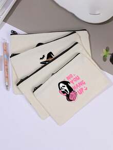1pc Black & Beige Halloween Cartoon Makeup Bag, Fashionable And Versatile, Suitable For Daily Outings And Multi-Purpose Storage Of Cosmetics, Stationery, Coins, Etc., Convenient To Carry, Great For Graduation, Birthday, Halloween, Parties And Other Gifting Occasions