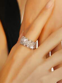 1枚梦幻花朵锆石订婚戒指，镀银宽戒圈，适合女性日常佩戴，可打开，珠宝礼品 - 銀色 - 查看 9