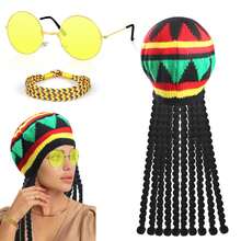 3pcs Rasta Set, Authentic Jamaican Dreadlocks Wig Hat With Yellow Glasses Braided Bracelet, Caribbean Fancy Dress Costume For Party Masquerade Cosplay Halloween - Multicolor - View 1