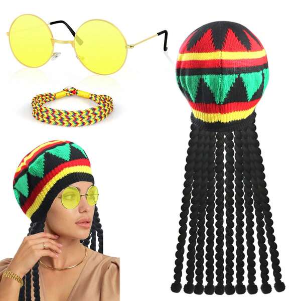 3pcs Rasta Set, Authentic Jamaican Dreadlocks Wig Hat With Yellow Glasses Braided Bracelet, Caribbean Fancy Dress Costume For Party Masquerade Cosplay Halloween