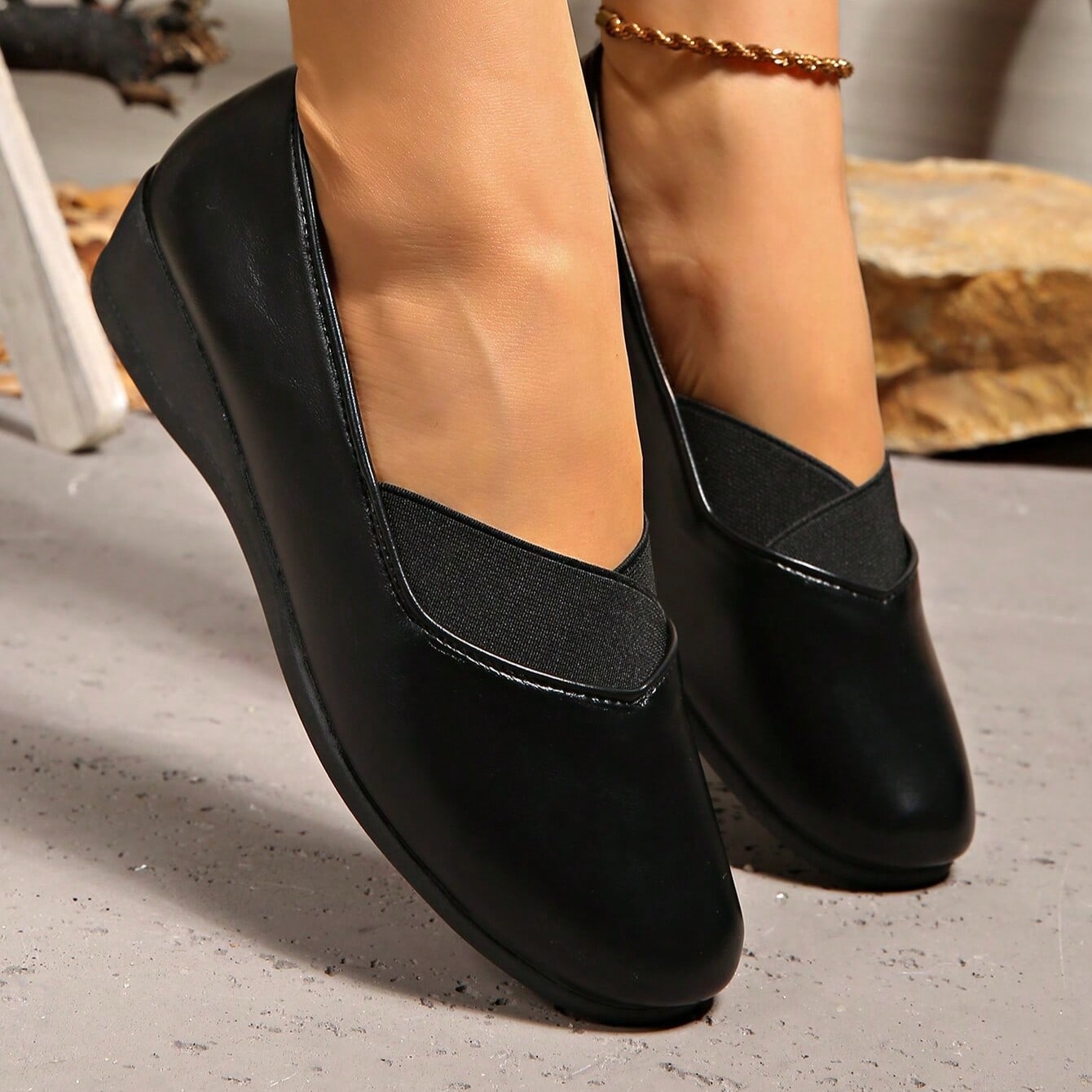 Par de cómodas bailarinas con cuña para mujer, diseño simple y versátil, con punta redonda, calzado casual adecuado para primavera y otoño, talla