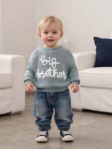 Toddler Boys Knitted Jumper Big Bro Letter Embroidery Round Neck Pullover Sweater Baby Warm Knit Tops Pullover Knitwear - 灰色 - 查看 6