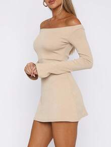 女士秋冬时尚贴肤收腰A字长袖连衣裙，适合约会和通勤 - 卡其色 - 查看 4