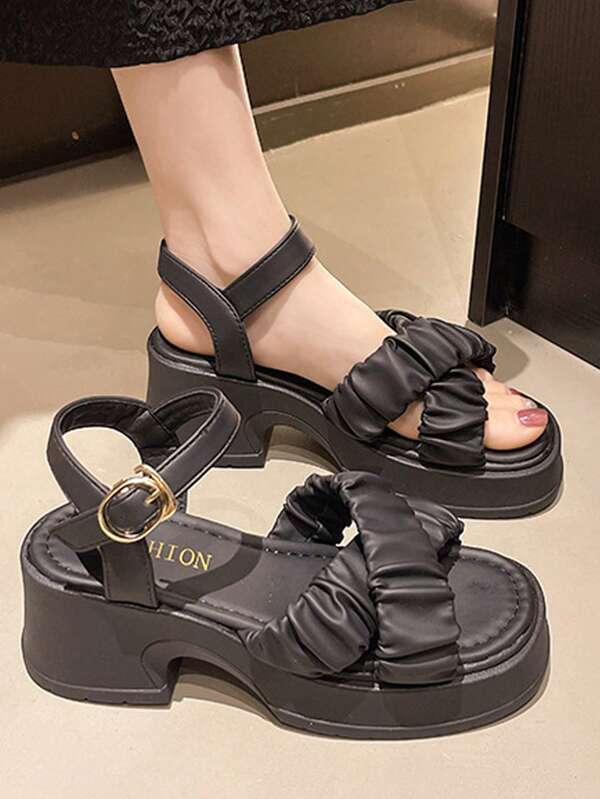 Sandals For Summer, Elegant, Thick-Soled Flower Sandals, Synthetic Leather, Women's, Mid-Heel, Round Toe, One-Piece Belt, Goes Well With Skirts, Comfortable, Popular Item, New Model