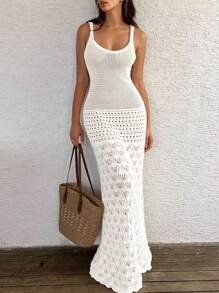 女士时尚优雅性感简约沙滩针织罩衫连衣裙，夏季