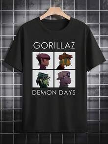 Camiseta gráfica casual para hombres - Impresión de arte del álbum  Demon Days, camiseta de verano negra de cuello redondo, lavable a máquina, ajuste regular, regalo para fans, mercancía de fans, impresión de personaje de dibujo animado, tela cómoda, camiseta de uso diario, estilo vintage, impresión duradera, mercancía de banda, entusiastas de la moda urbana - Negro - Ver 1