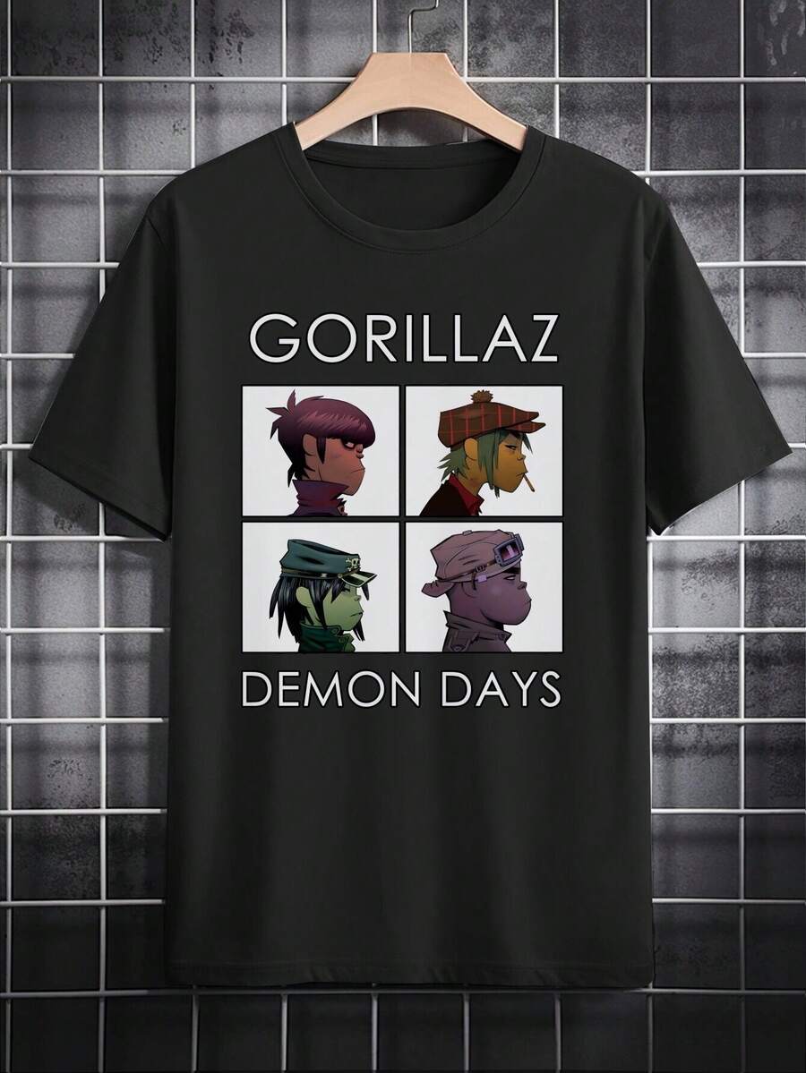 Camiseta gráfica casual para hombres - Impresión de arte del álbum Demon Days, camiseta de verano negra de cuello redondo, lavable a máquina, ajuste regular, regalo para fans, mercancía de fans, impresión de personaje de dibujo animado, tela cómoda, camiseta de uso diario, estilo vintage, impresión duradera, mercancía de banda, entusiastas de la moda urbana - Negro - Ver 1
