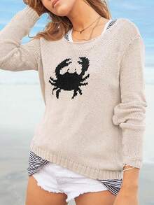 Women Lobster Graphic Knit Sweater Y2k Long Sleeve Crew Neck Oversized Pullover Warm Sweaters Fall Winter Knitwear - Màu be - Xem 5