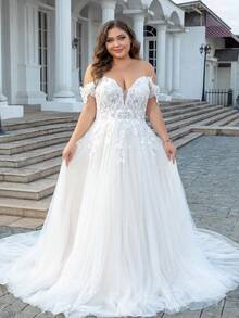 Plus Size Off-Shoulder Detachable Sheer Long A-Line Embroidered Wedding Dress