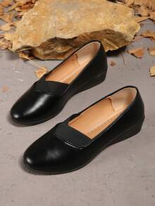 1 Pair Women's Comfortable Wedge Heel Flats, Versatile Simple Design Slip-On Round Toe Casual Shoes, Suitable For Spring & Autumn, Plus Size - Black - View 6