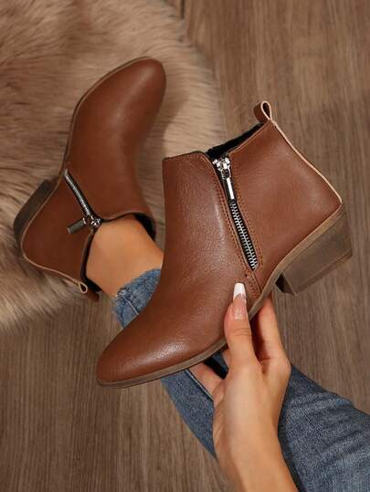 Women's Black Chunky Heel Ankle Boots, Casual Side Zipper Round Toe Booties, Comfortable Ankle Boots, Double Zipper Fashion Boots, Skinny Boots, Women's Fashion Ankle Boots, Thick Heel & Sole, Casual Design, Women's Chunky Ankle Chelsea Boots Elastic Boots Thick Heel Casual Boots, Women's Shoes, New Fashion Versatile Chunky Heel Sexy Women Ankle Boots