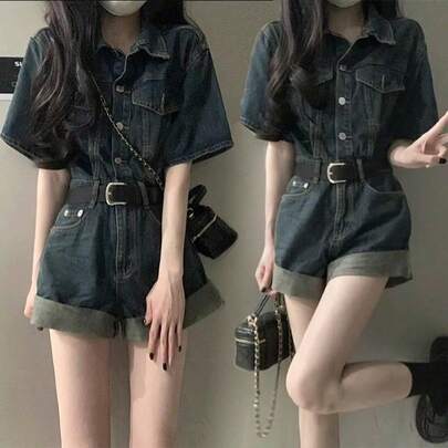 【2025新作】 デニムジャンプスーツ ハイウエスト ショートパンツセット リラックス感 プチプラ 着痩せ 小柄 大人カジュアル 夏 春 秋 通勤 デート 街着 オシャレ ゆったり ストレッチ素材 日本サイズ S~2XL フリーベルト