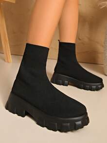 New Plus Size Women's Boots, Elastic Sock Boots, Casual High-Top, Breathable, Lightweight, Knitted Mid-Calf, Thick Sole, Outdoor, Vacation, Stitching, Solid Color, Comfortable, Daily, Non-Slip, Outdoor, Party, Polyurethane Sole, Soft, Not Heavy, Not Tiring, Outdoor - Black - View 6