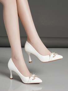 Black Pointed Toe Stiletto High Heels, Versatile - White - View 3