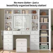 Yanosaku Vanity Desk With Full-Length & LED Mirror, 14 Drawers, 10 Shelves, Hidden Storage, Power Outlet, Dimmable 3-Color Lighting, White Makeup Vanity For Bedroom - 查看 9