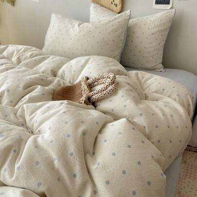 4 件套床上用品，包括（1 个羽绒被套 + 1 个床单 + 2 个枕套，不含填充物），蓝白波尔卡圆点图案，精致印花，可机洗