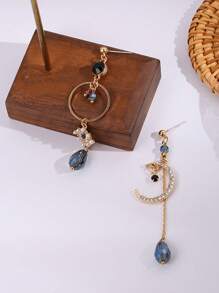 女士优雅蓝色水钻泪珠月亮流苏不对称长耳环