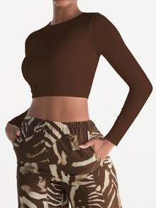 XLLAIS Camiseta ajustada de manga larga con cuello redondo, de doble capa elástica y corta para mujer - Marrón - Ver 3