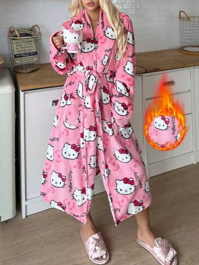 Sanrio 1pc  Plush Fluffy Robe For Women, Cute & Elegant, Warm & Comfortable, Suitable For Autumn/Winter, Fall, Cozy Outfits