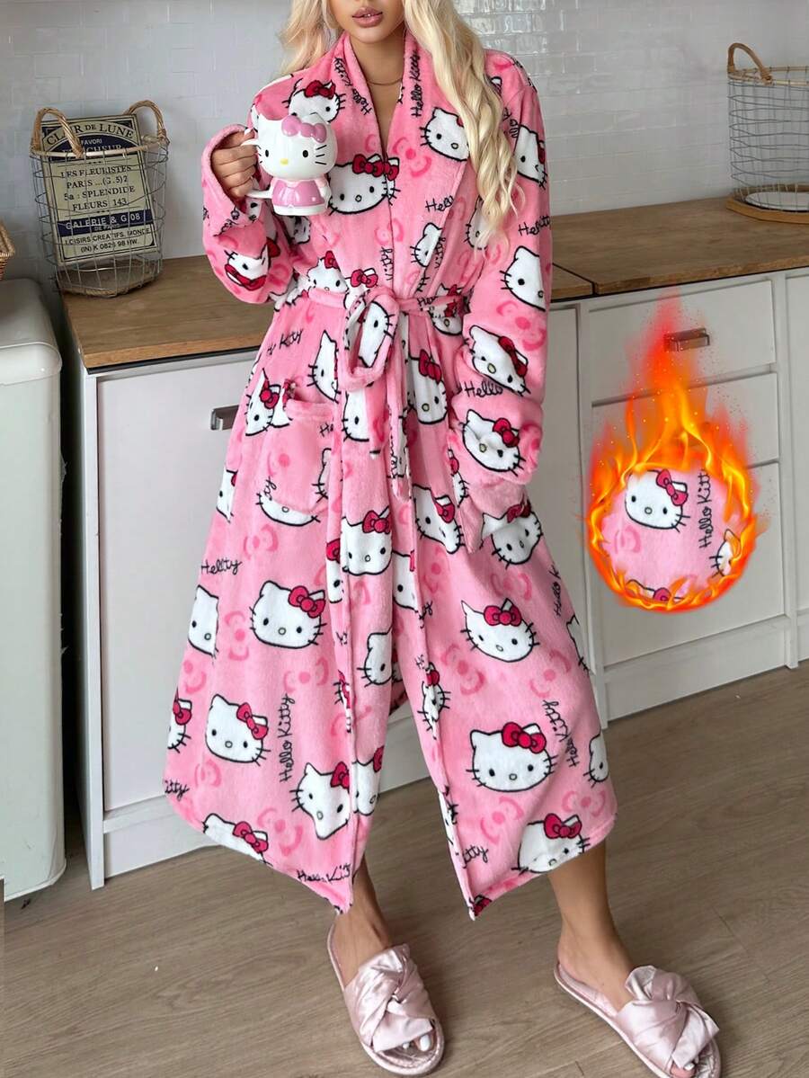 Sanrio 1pc Hello Kitty Plush Fluffy Robe For Women, Cute & Elegant, Warm & Comfortable, Suitable For Autumn/Winter, Fall, Cozy Outfits