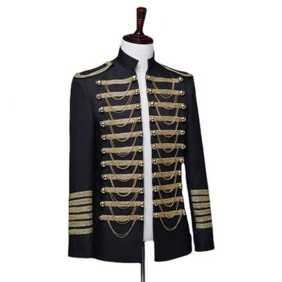 Men European Military Uniform Black Red With Metal Chains Baroque Style Stage Performance Costume For Nightclub Party Formal Dress Trajes Para Hombres Elegantes