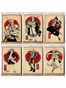 1/6 piezas Póster impreso HD resistente al agua de One Piece, el mejor regalo para niños fans del manga clásico Zoro, adecuado para decoración retro del hogar o dormitorio, sin marco