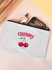 1pc Black & Beige Large Capacity Portable Makeup Bag, Bow, Bear, Cherry Blossom Print, Minimalist & Fashionable, Suitable For Daily Carry, Graduation, Wedding, Back To School, Birthday Gifts