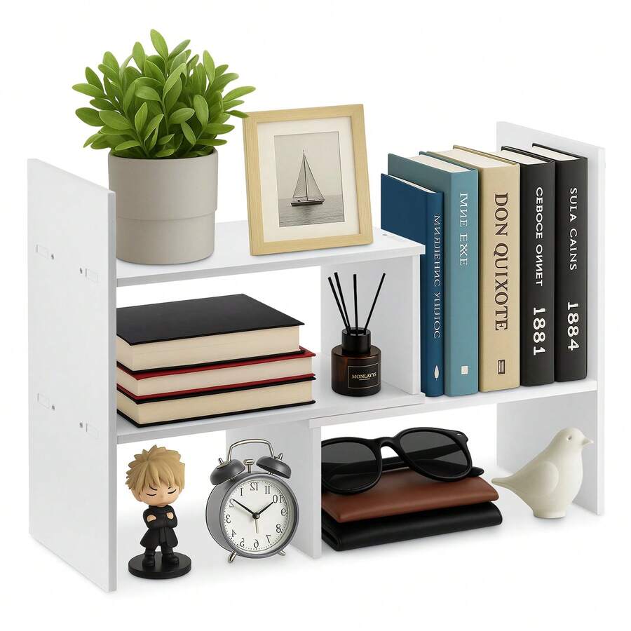 Bookcase Wood Desktop Book Shelf Expandable Desk Organiser Office Storage Bookcase For Home Or Office - White - View 1